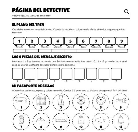 Página del libro de acertijos con el plano del tren Tornado, el mensaje secreto y los sellos del agente