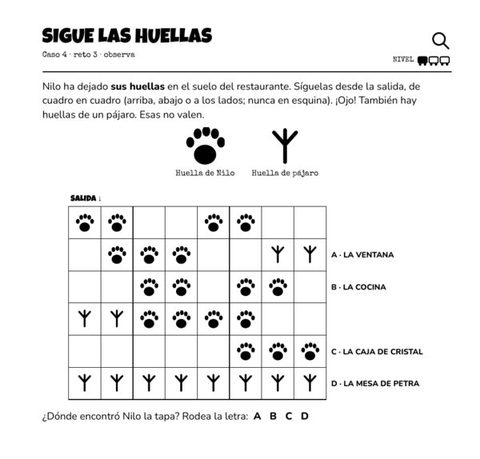 Reto del libro de acertijos para niños: sigue las huellas para encontrar la pista