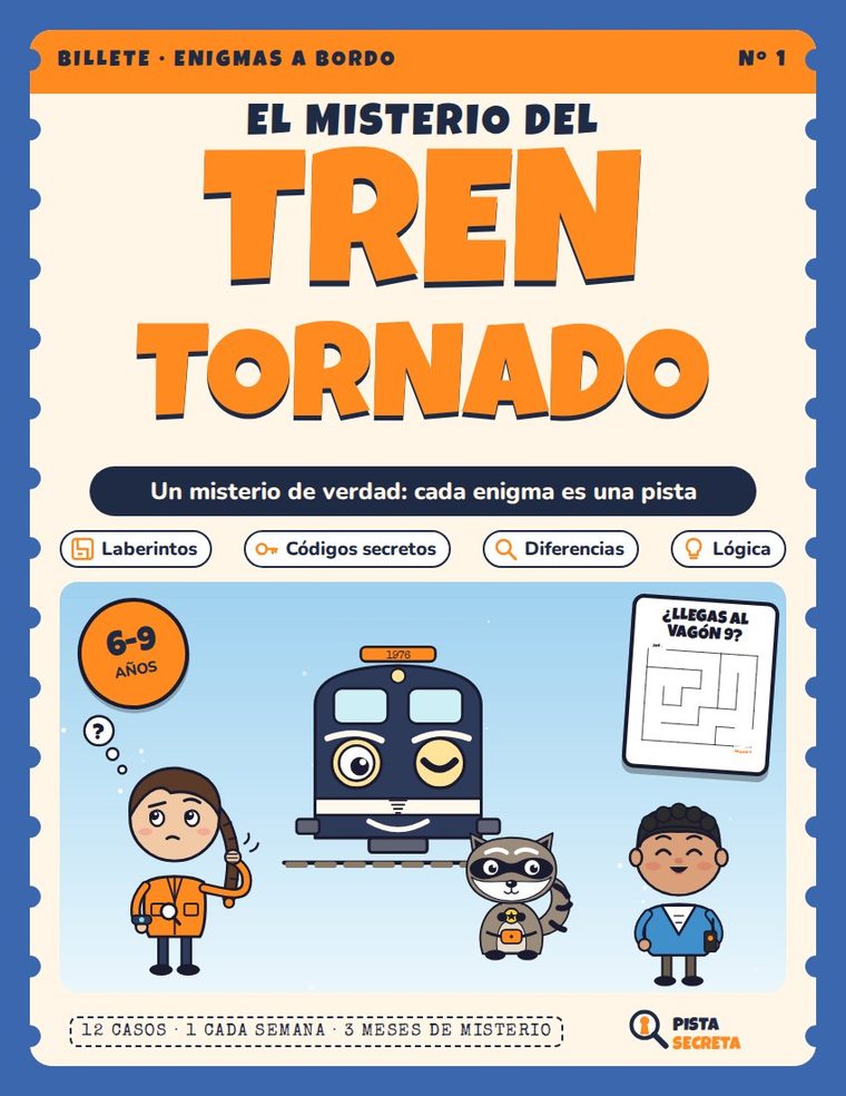 Portada de El misterio del tren Tornado, libro de acertijos y misterios para niños de 6 a 9 años